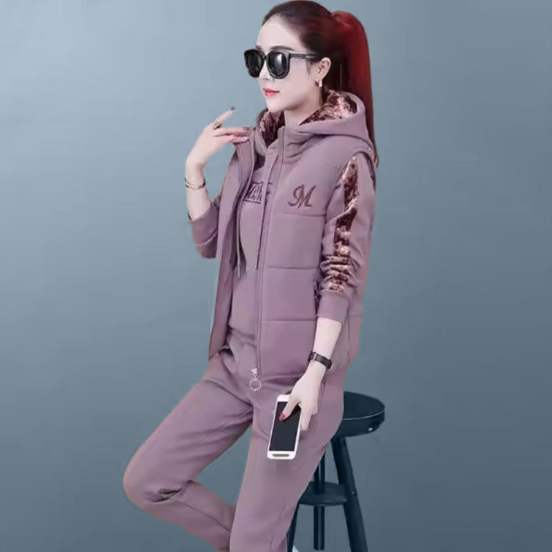 Printed Fashion Hoodies Plush Tracksuit Set for Women
