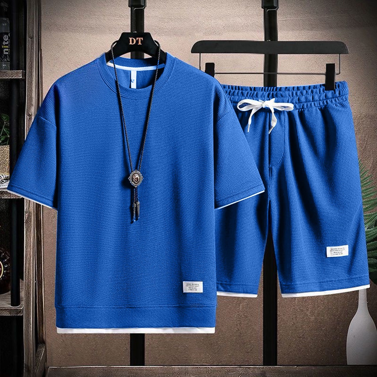 Solid Color Korean Fashion Round Neck T-shirt & Shorts for Men