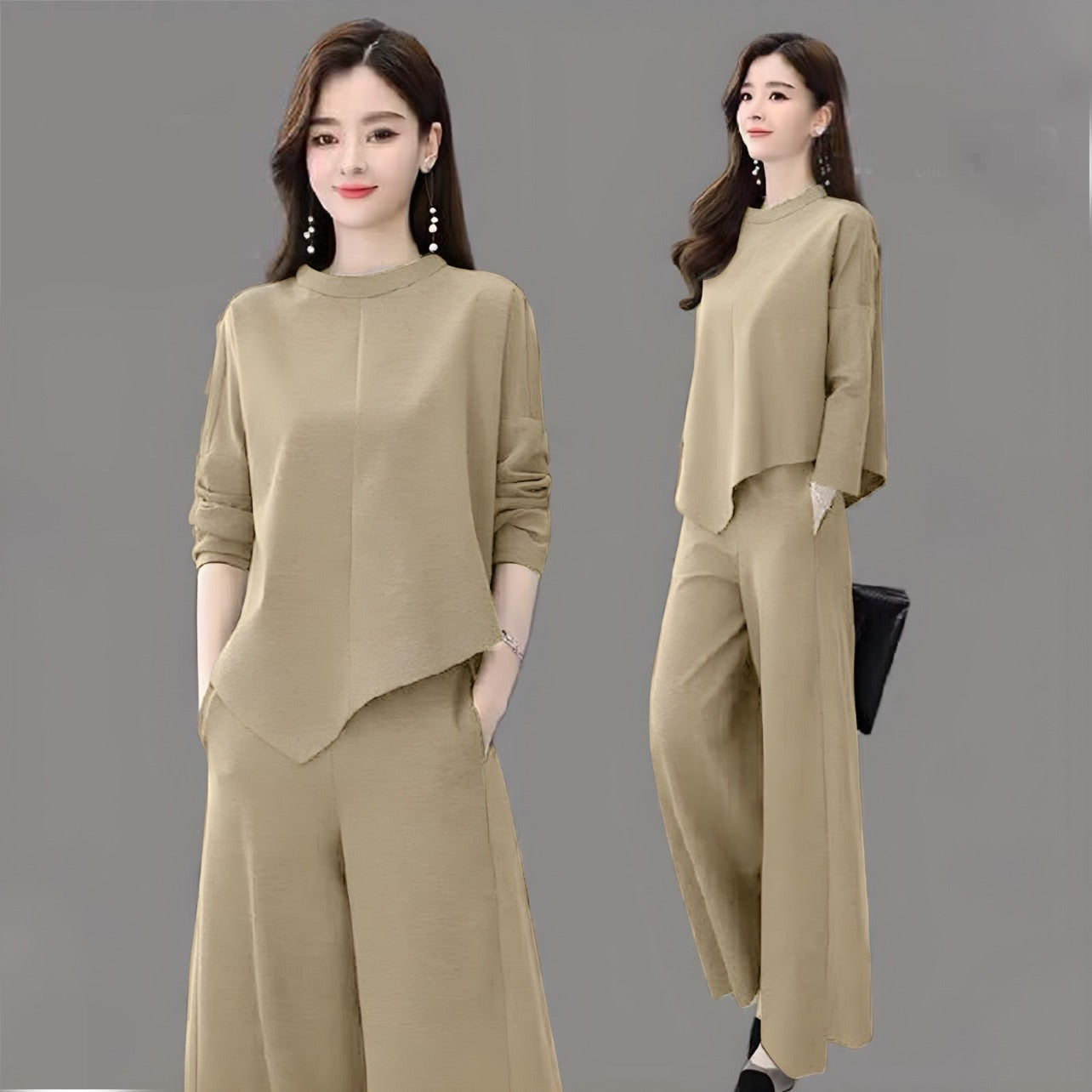Autumn Fashion Solid Color Top & Wide Leg Pant for Women