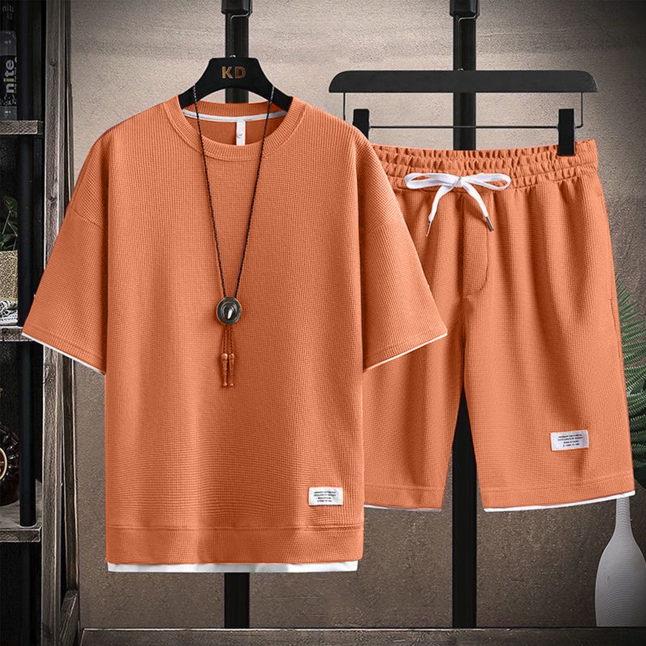 Solid Color Korean Fashion Round Neck T-shirt & Shorts for Men