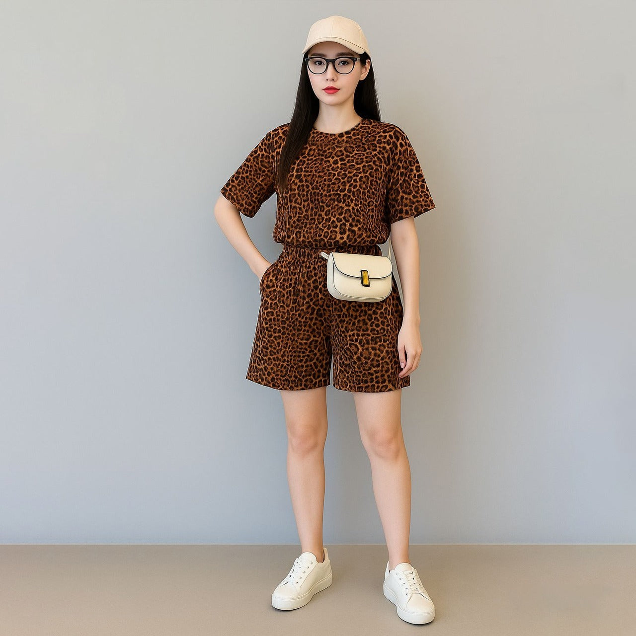 Animal Printed Fashion Short Sleeve Top & Shorts for Women