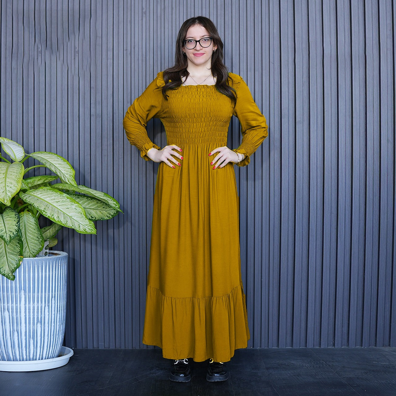 Solid Color Full Sleeve Square Neck Long Gown Dress for Women