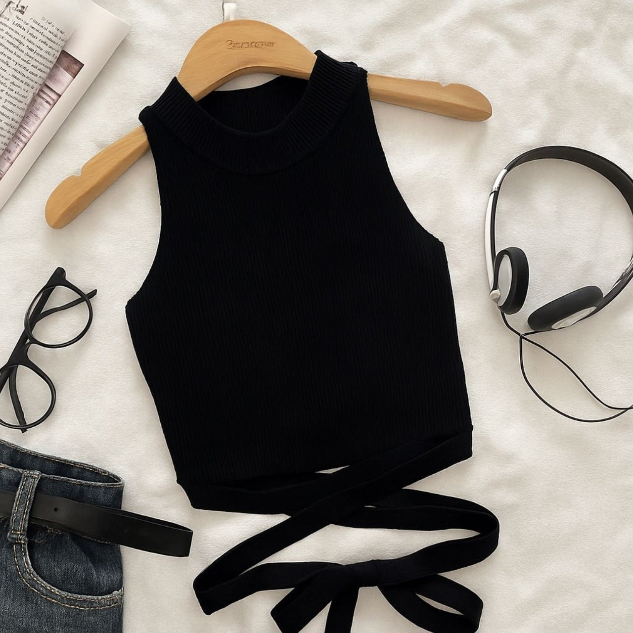 Solid Ribbed Fashion High Neck Fashion Tank Top for Women