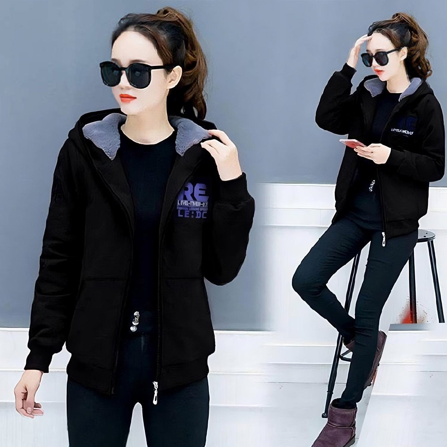 Latest Fashion PU Long Sleeve Cardigan Hooded Jacket for Girls