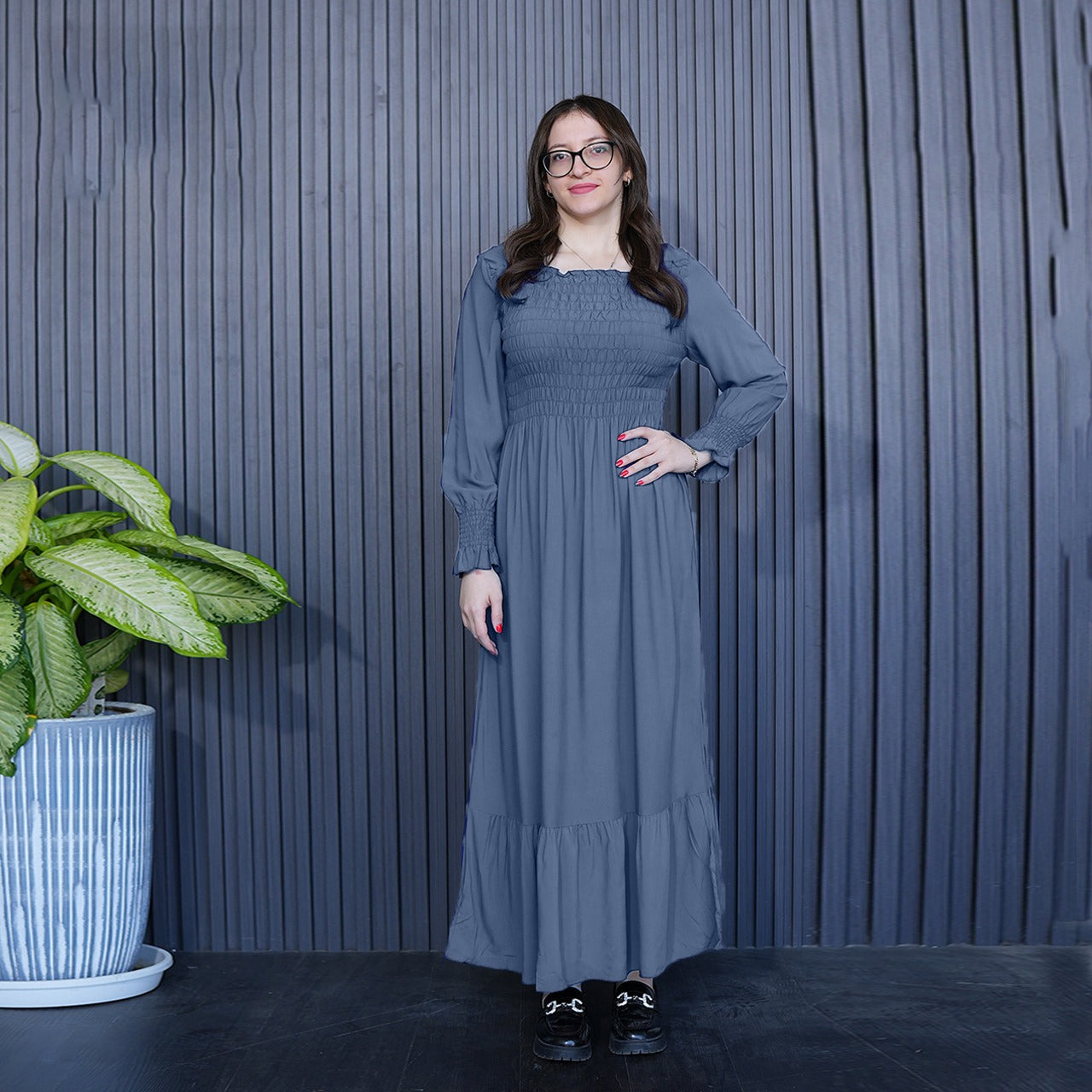 Solid Color Full Sleeve Square Neck Long Gown Dress for Women