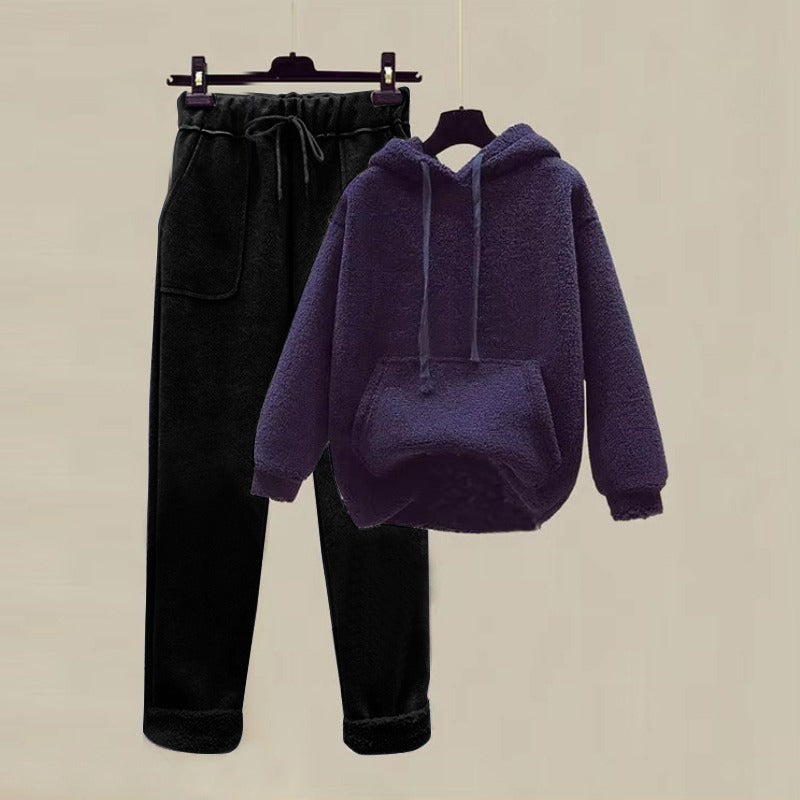 Solid Hooded Sweatshirt With Pant for Women