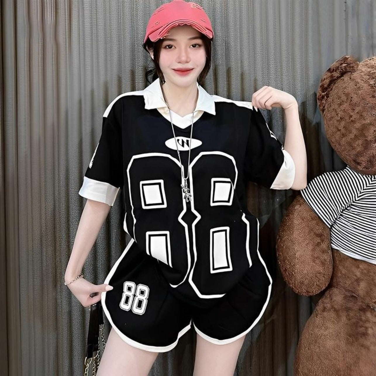 Number Printed Style Oversized Sports Fit T-shirt & Shorts for Women