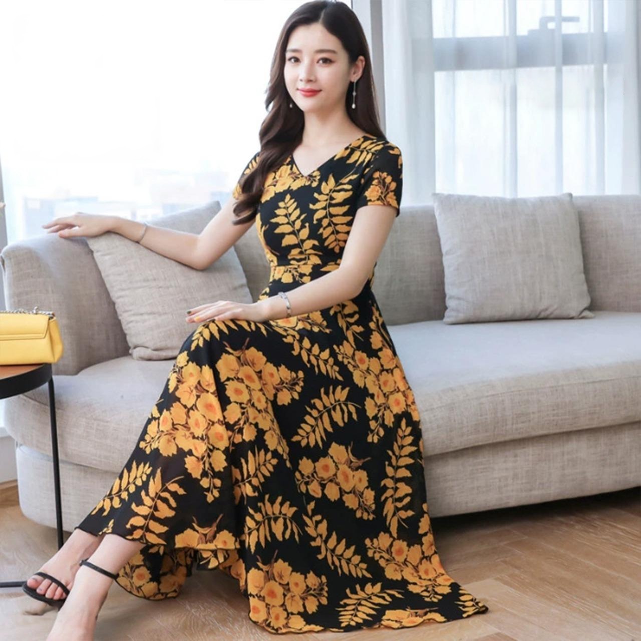 Summer Fashion Print Short Sleeve V-Neck Dress for Women