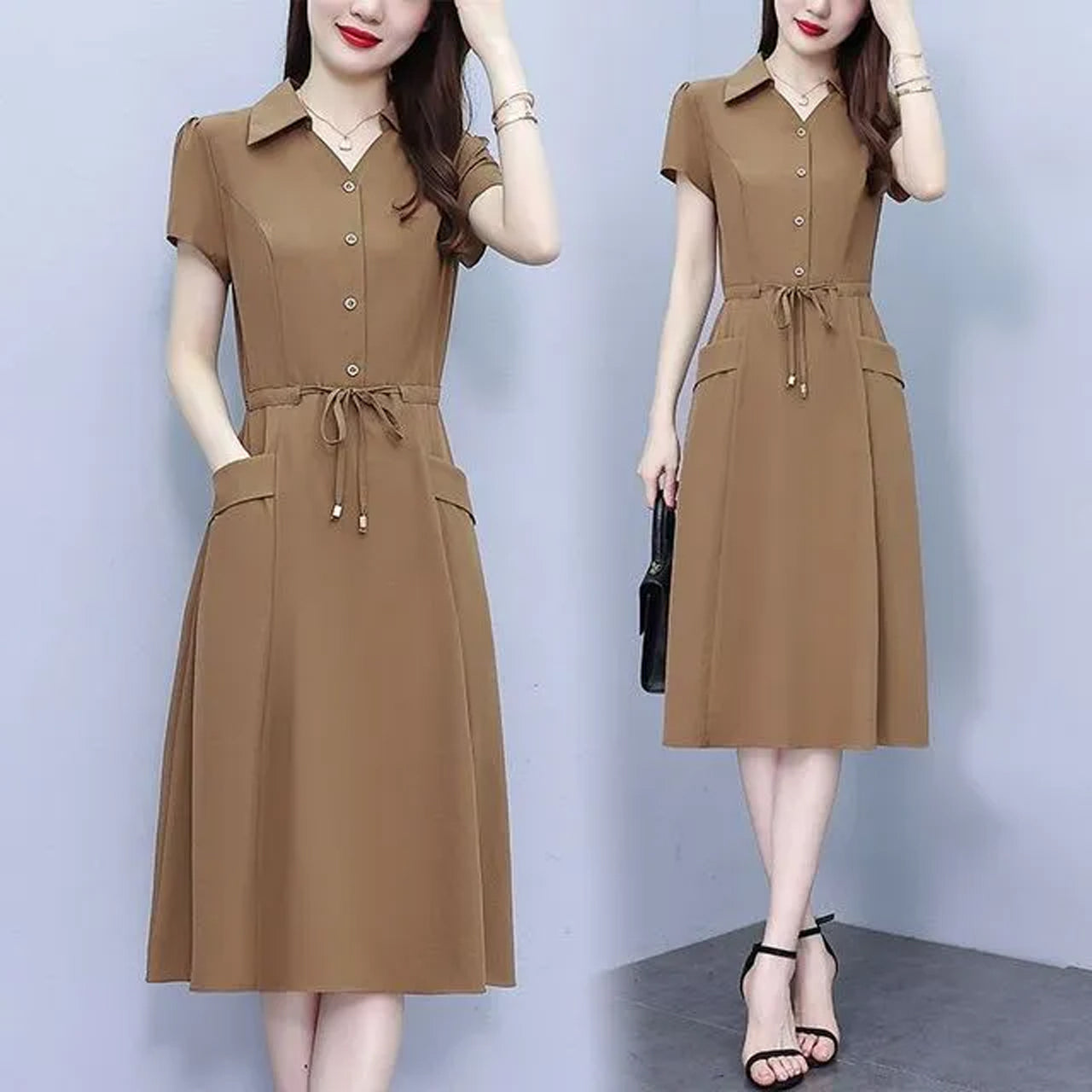 Korean Fashion A line Style Solid Color Adjustable Waist Casual Mid-Length Dress