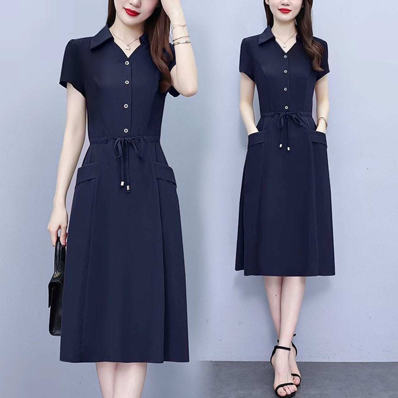 Korean Fashion A line Style Solid Color Adjustable Waist Casual Mid-Length Dress