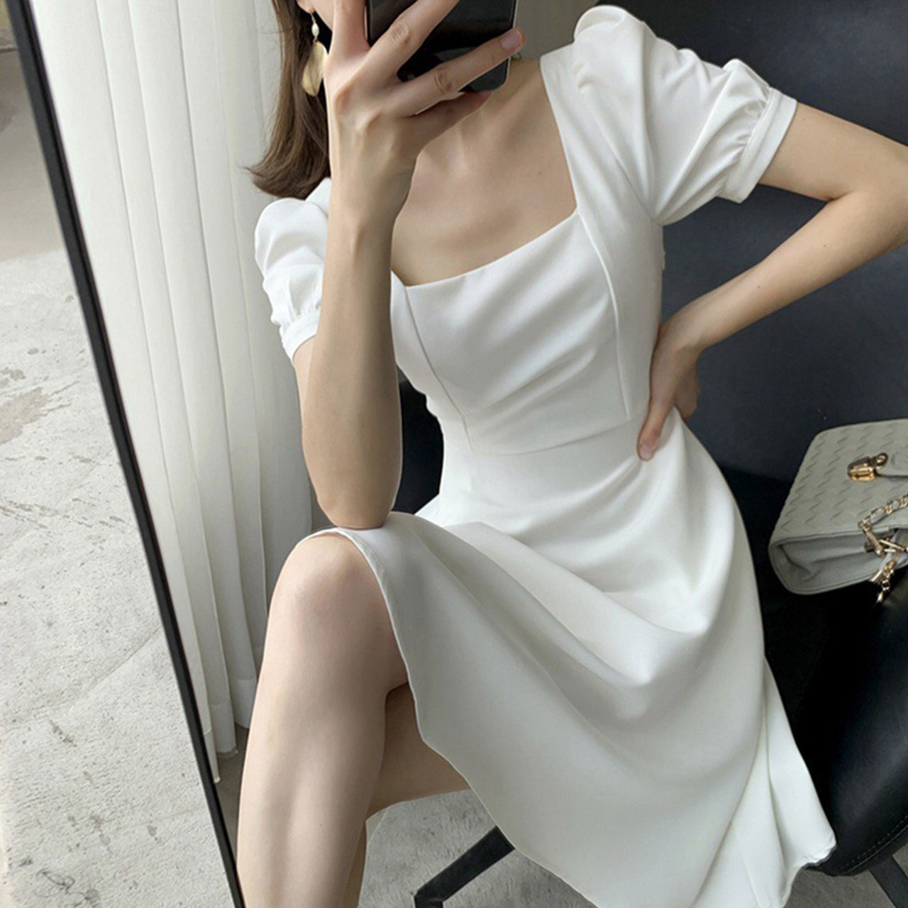 Fashion Party Style Square Neck Solid Color Body-con A Line Dress for Girls