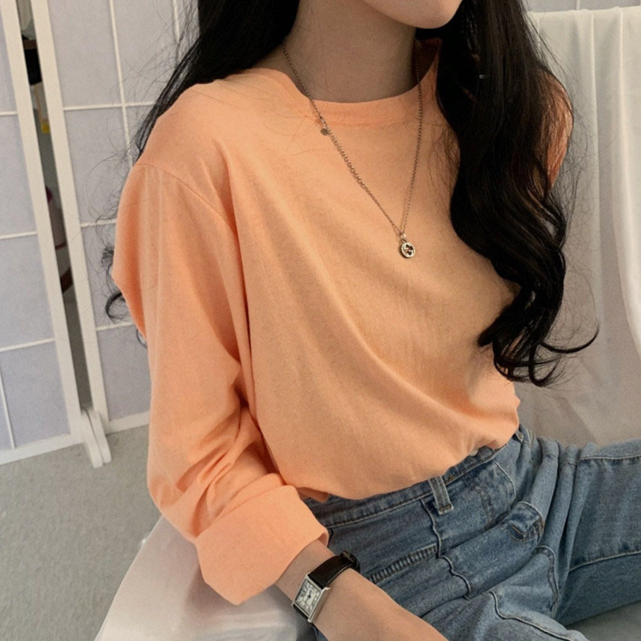 Solid Color Full Sleeve Fashion T-shirt for Women