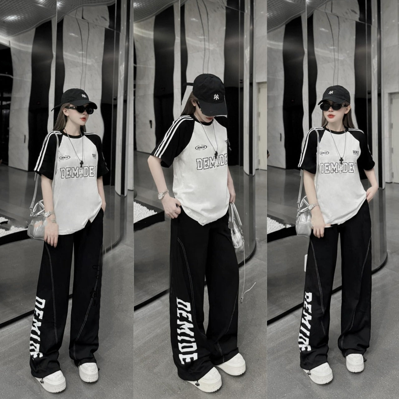 Printed Korean Fashion Short Sleeve T-shirt & Pants for Ladies