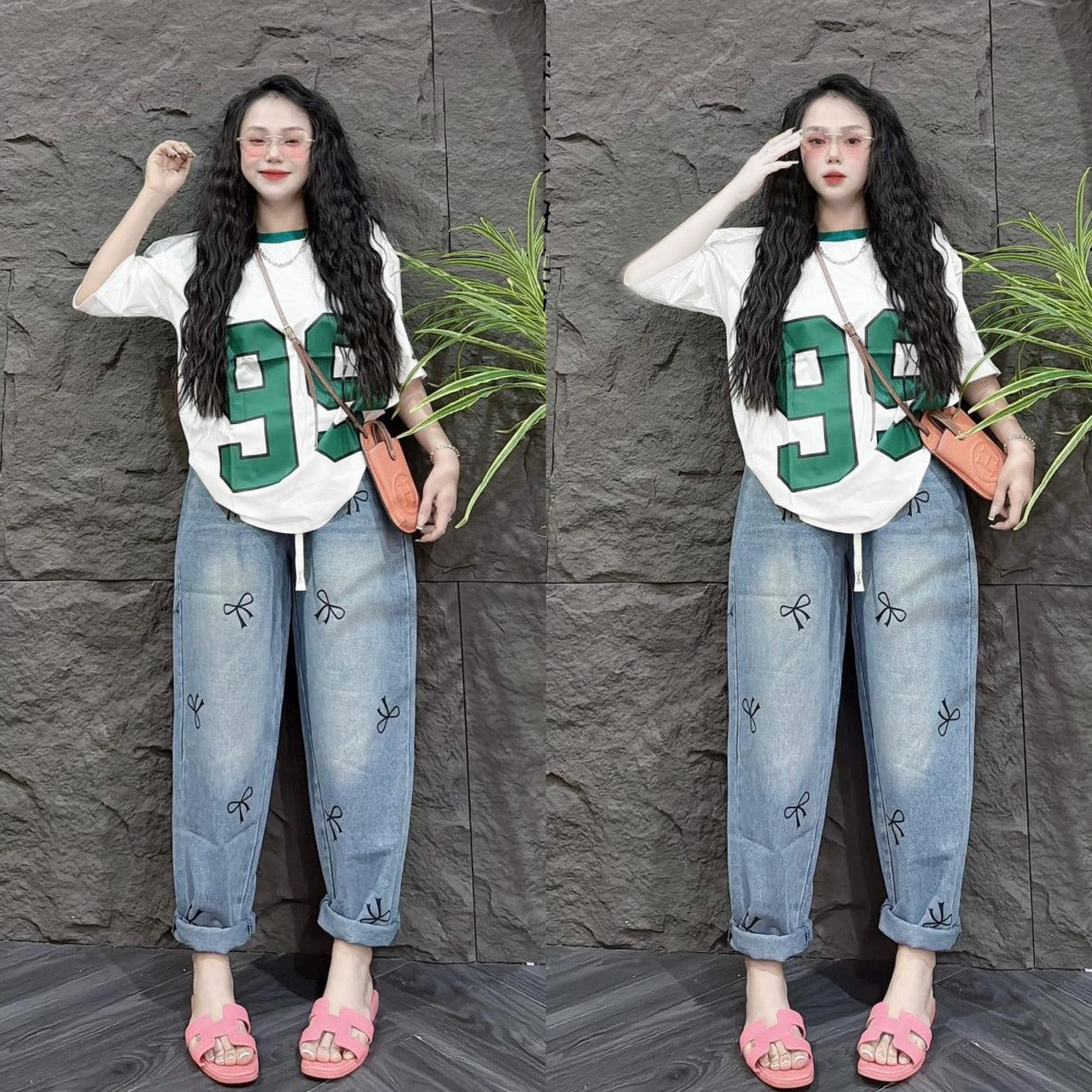 Number Printed Casual Korean Top & Denim Pants for Women