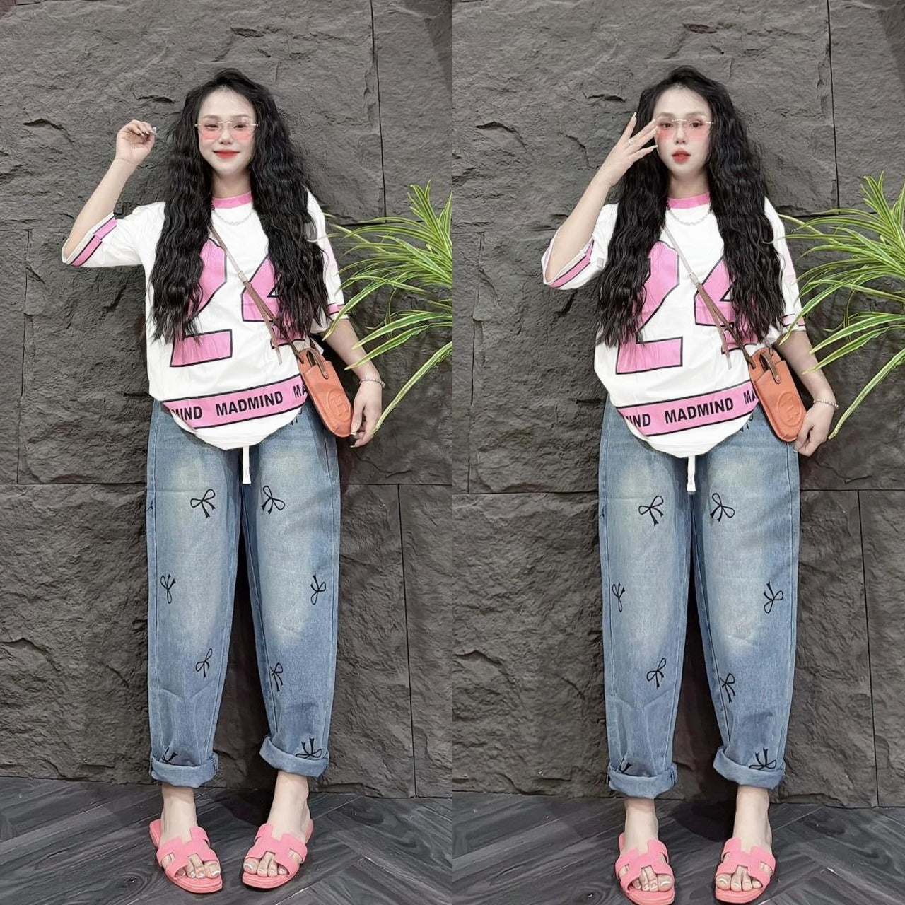 Number Printed Casual Korean Top & Denim Pants for Women