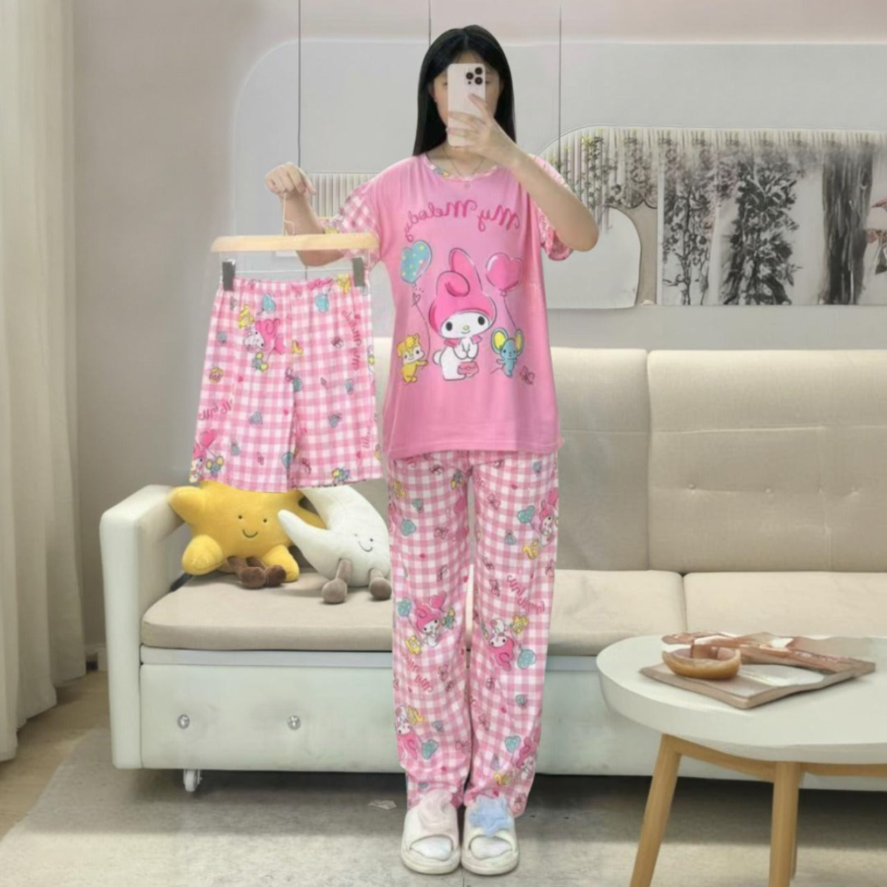 Printed Top & Checkered Pattern Pajama Pants for Ladies
