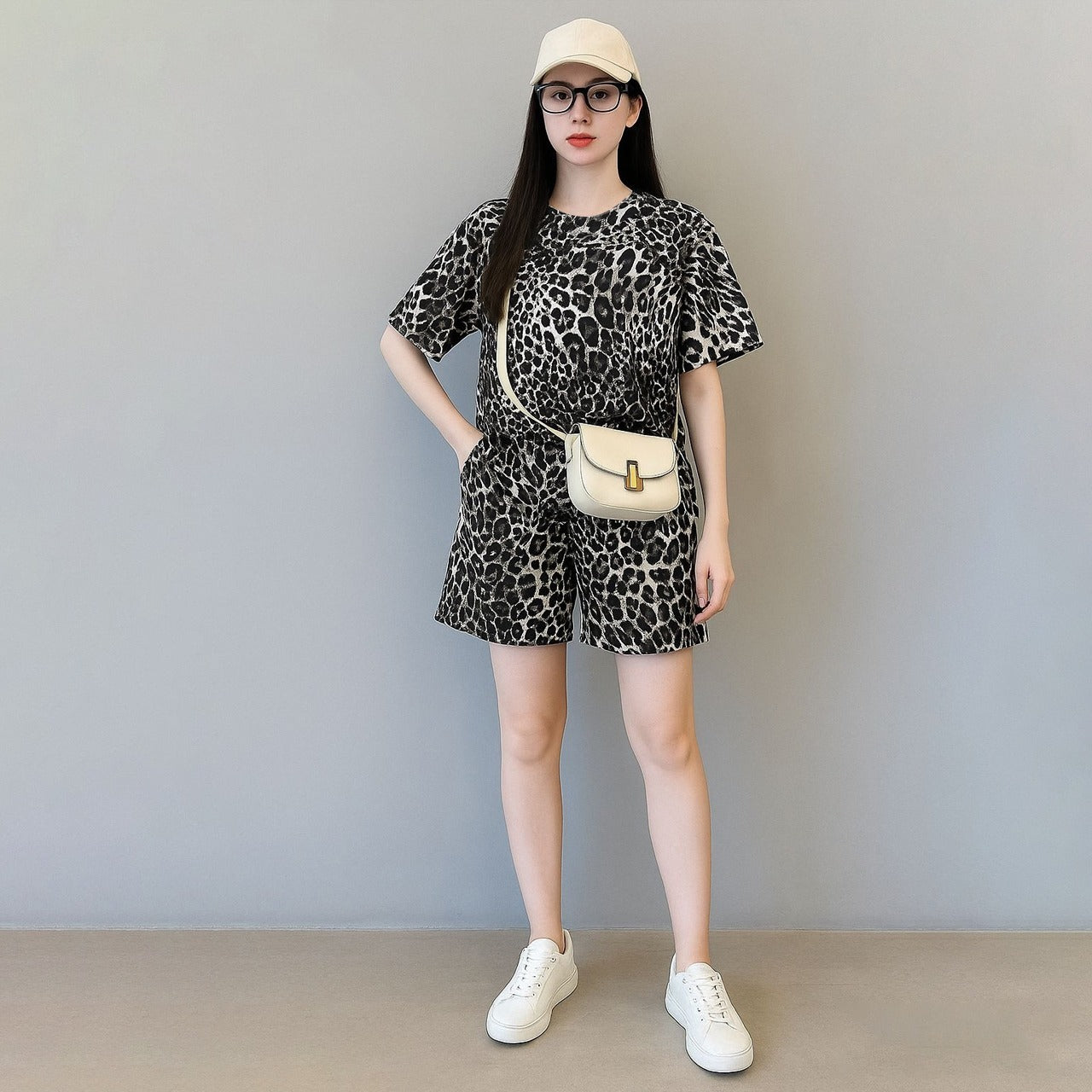 Animal Printed Fashion Short Sleeve Top & Shorts for Women