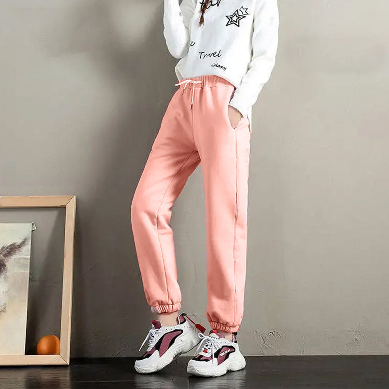 Plain Solid Color Regular Fit Casual Ankle Banded Long Pants for Girls