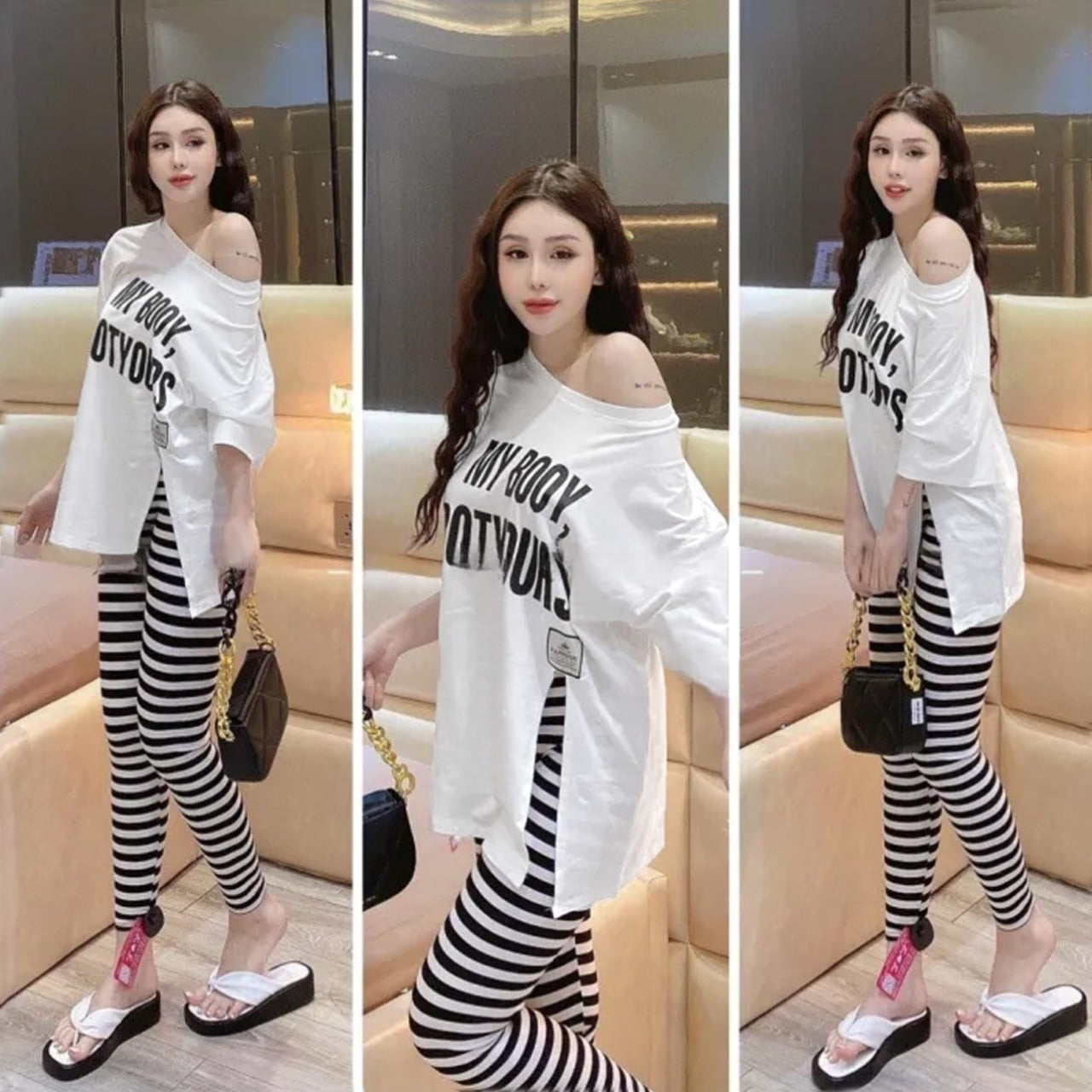 Printed Fashion Top Wear T Shirt & Striped Pants for Women