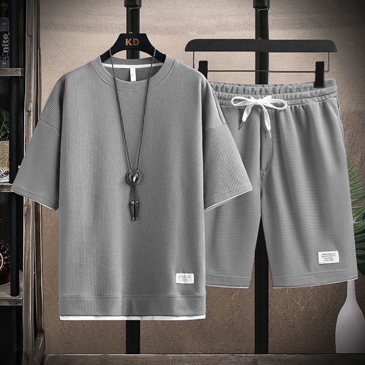 Solid Color Korean Fashion Round Neck T-shirt & Shorts for Men