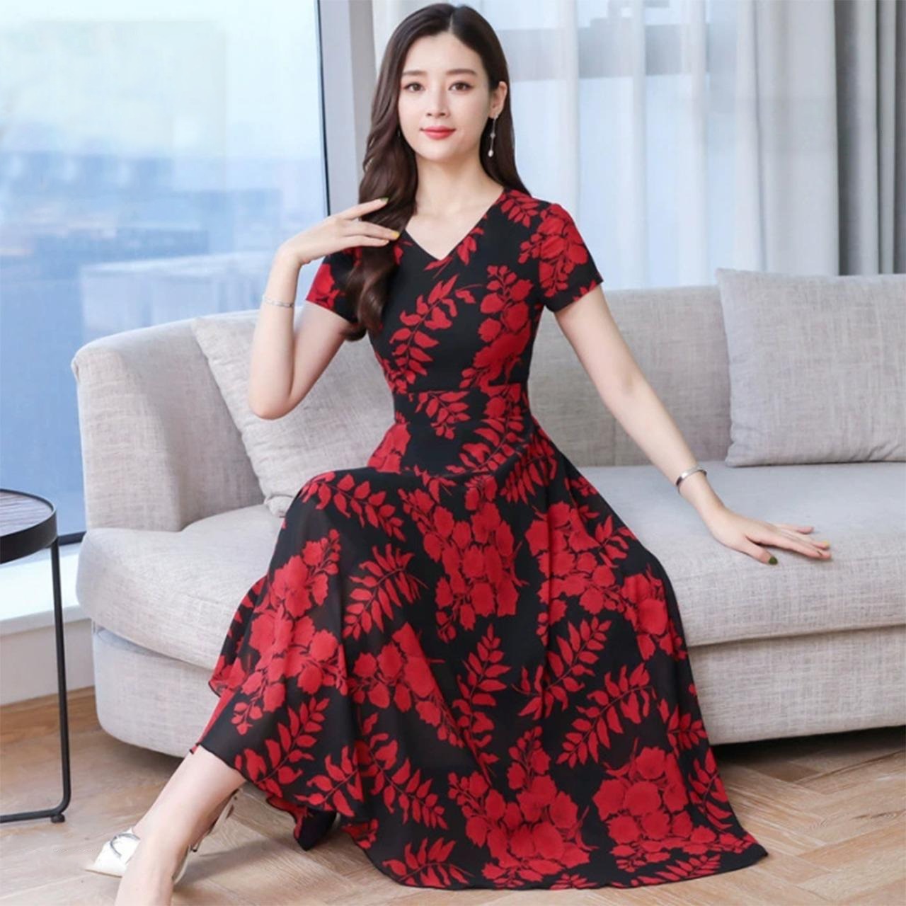 Summer Fashion Print Short Sleeve V-Neck Dress for Women
