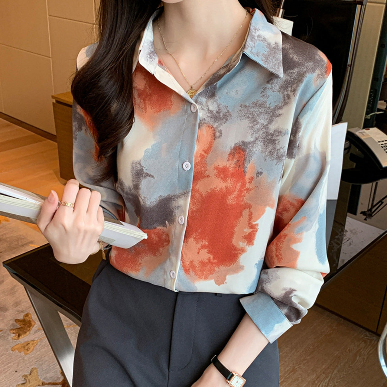 Loose Vintage Style Color Smoke Style Design Button Shirt for Women