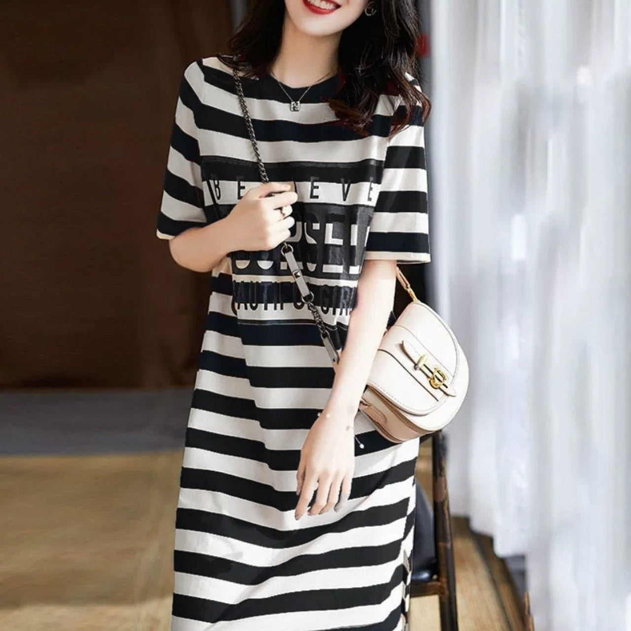 Round Neck Knee Length Striped Pattern Maxi Dress for Women