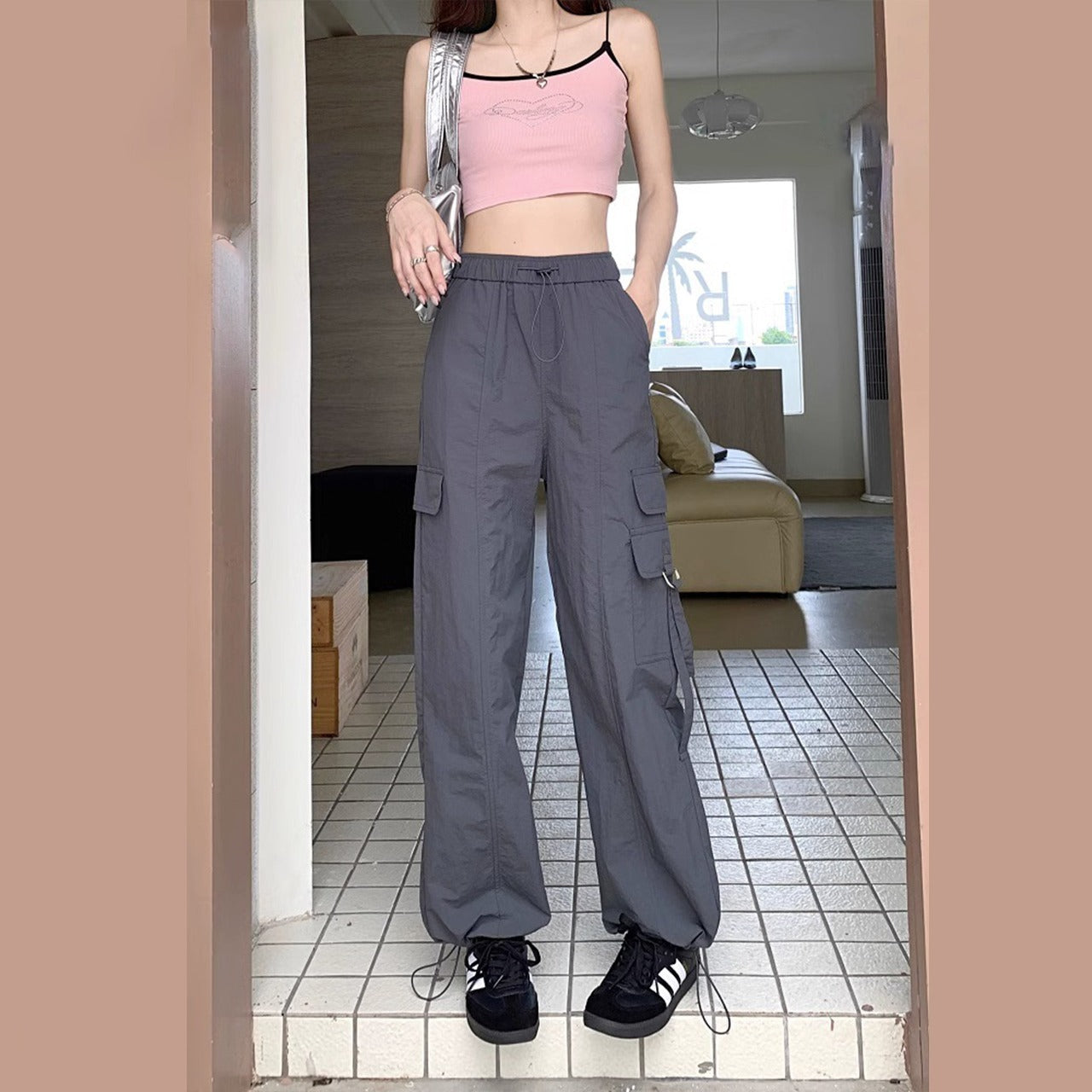 Drawstring Elastic Fashion Solid Color Cargo Pant for Women