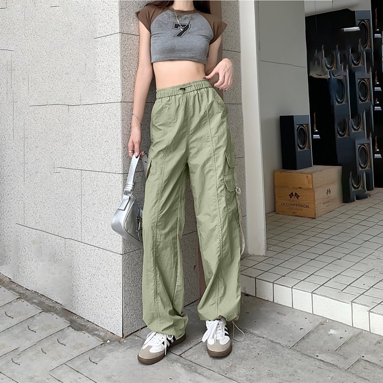 Drawstring Elastic Fashion Solid Color Cargo Pant for Women