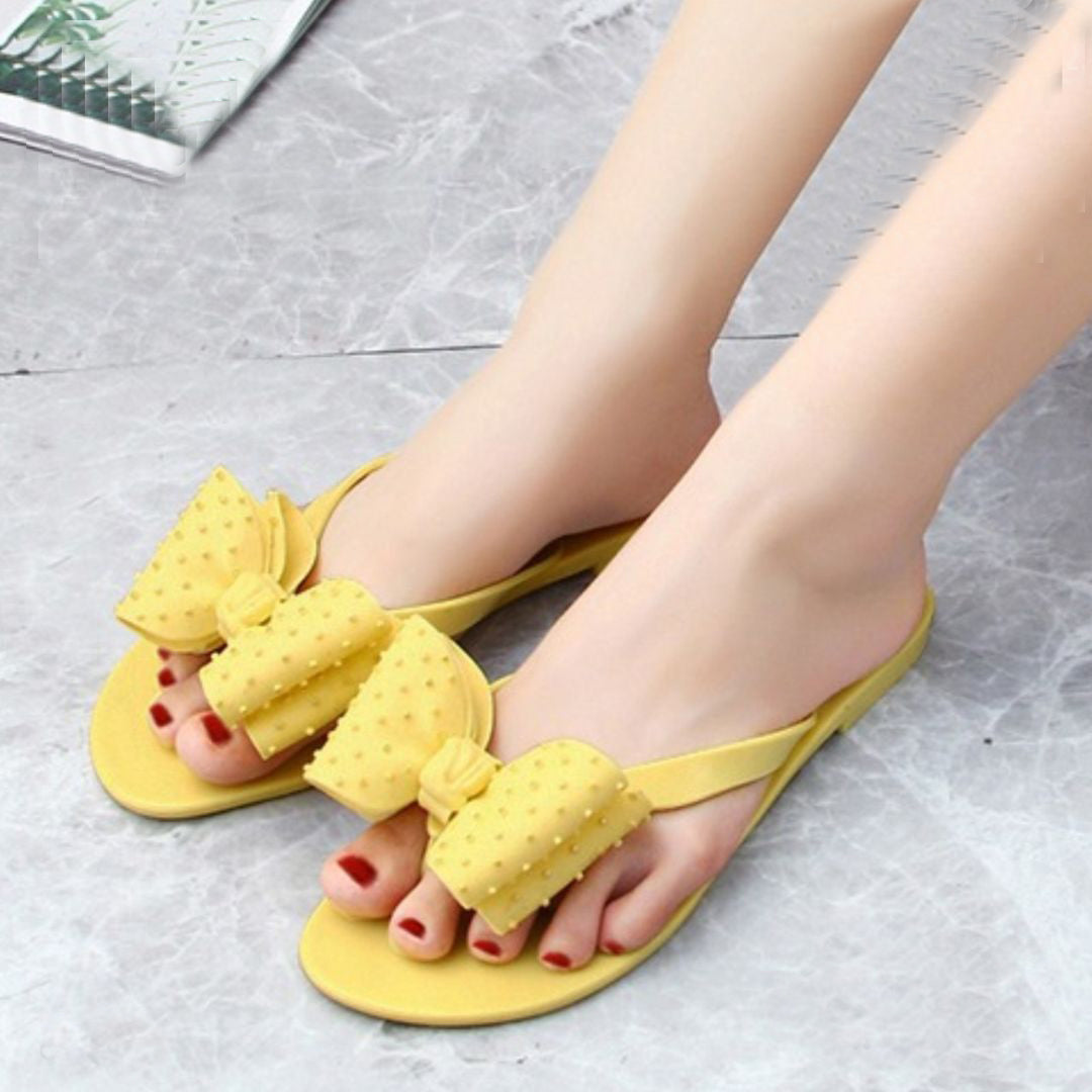 Beach Style Solid Color Bow Outdoor Flat Flip Flop Sandals for Women