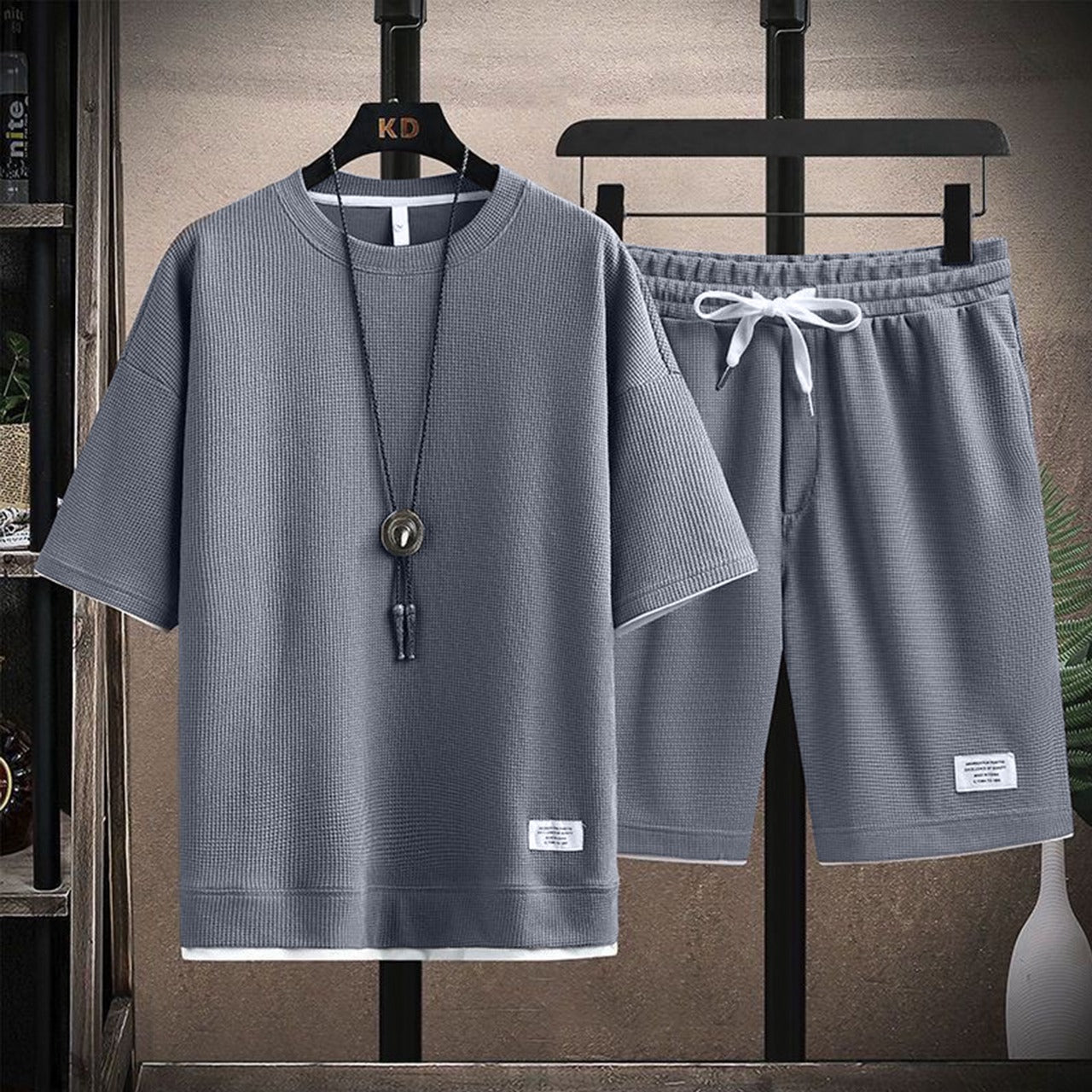 Solid Color Korean Fashion Round Neck T-shirt & Shorts for Men