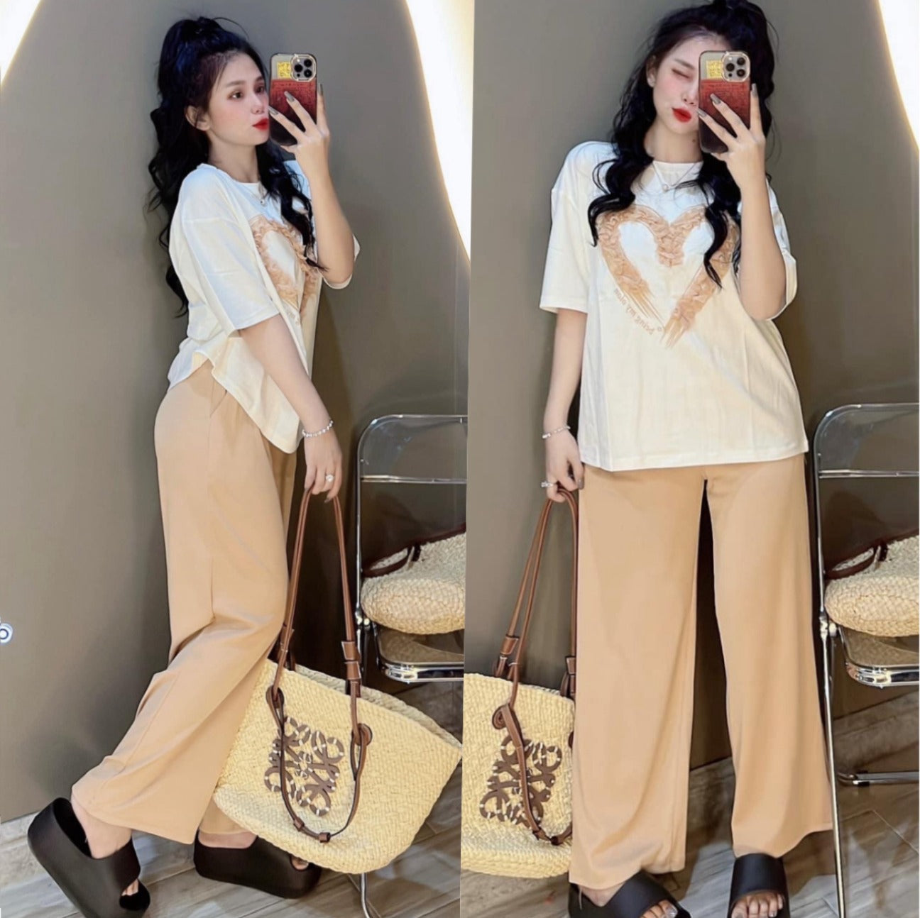 Heart Design Casual T-shirt & Wide Leg Pant for Women