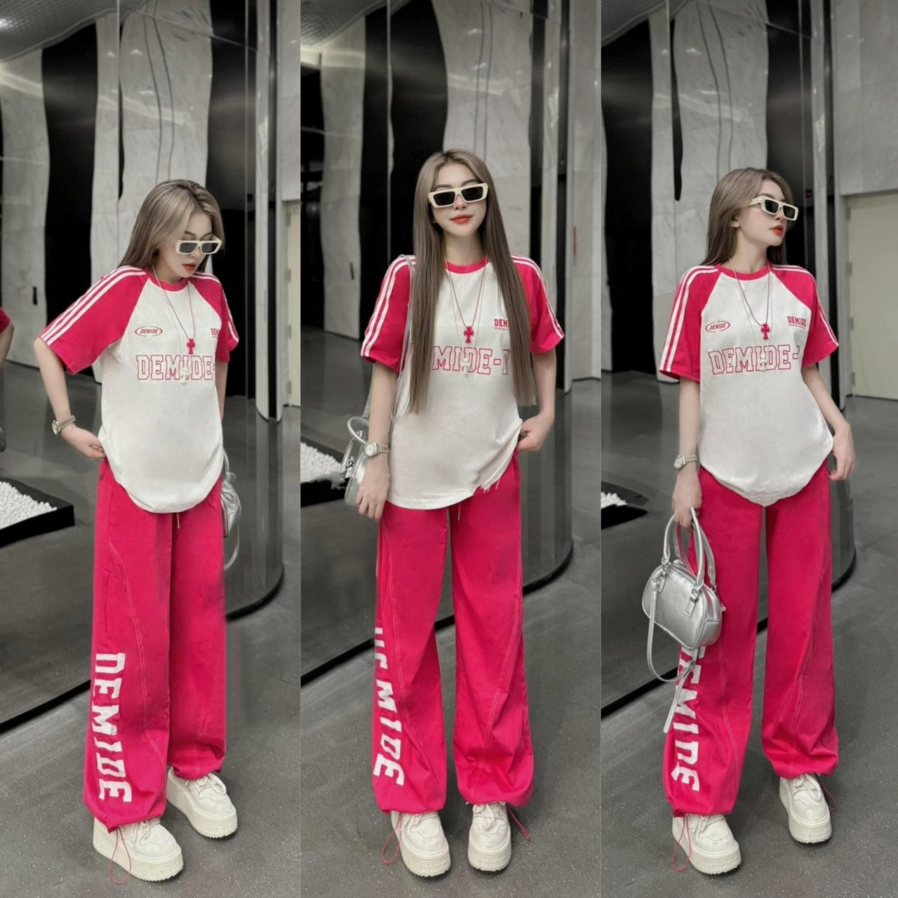 Printed Korean Fashion Short Sleeve T-shirt & Pants for Ladies