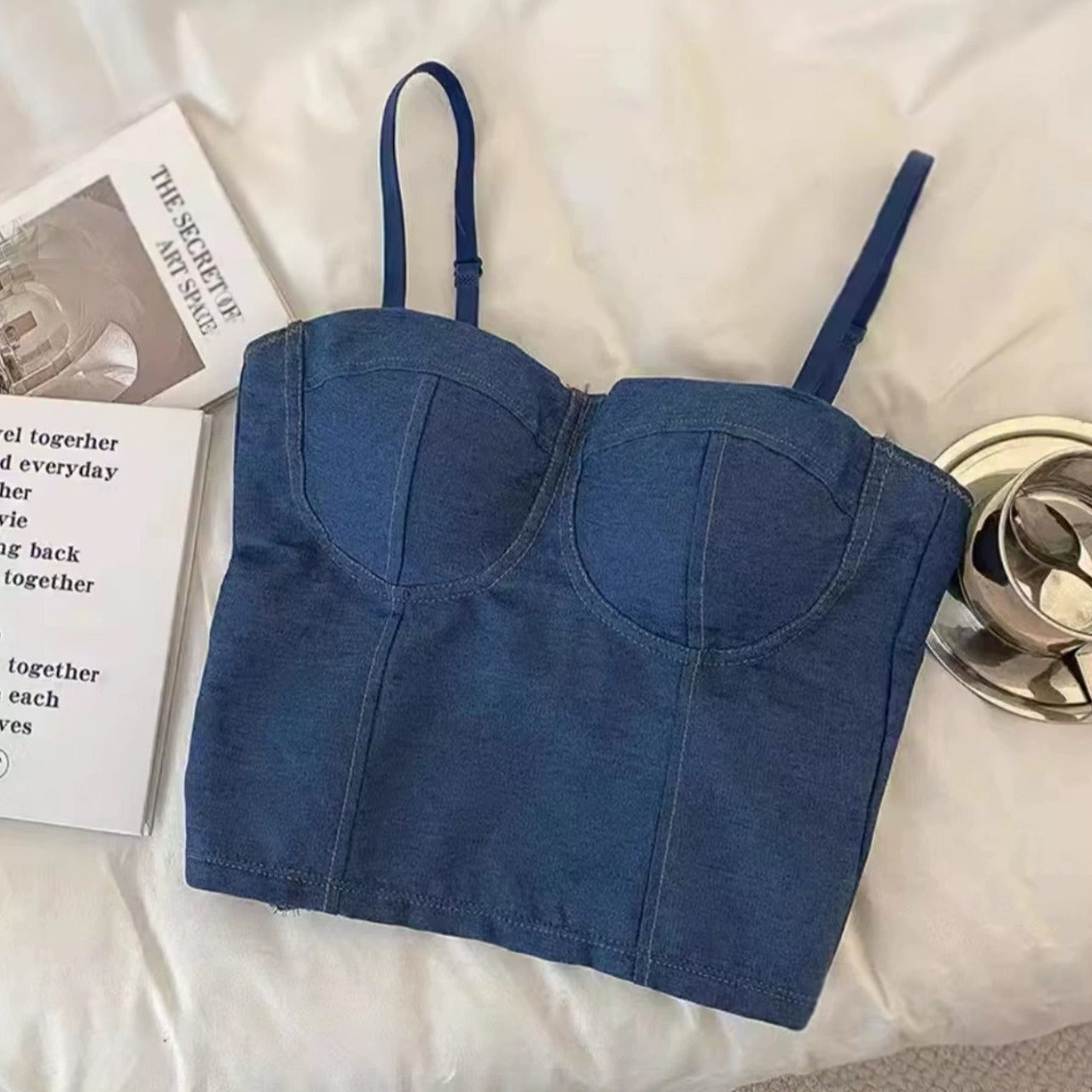 Push Up Denim Style Crop Top Solid for Women