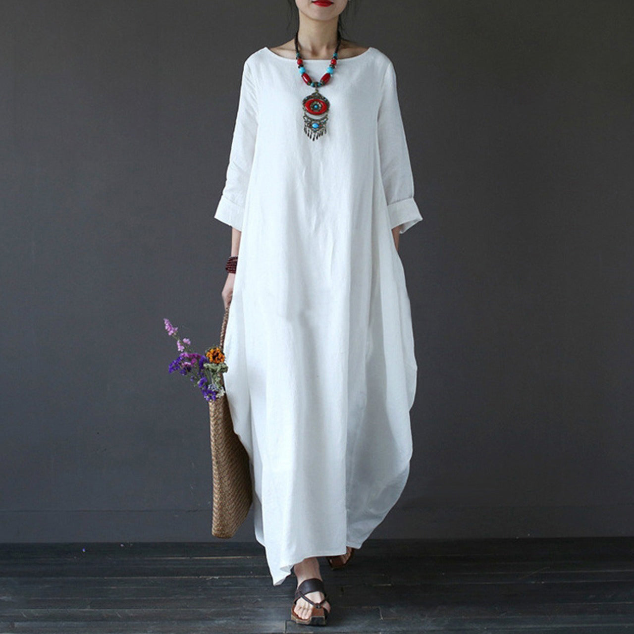 Solid Color Vintage Bat Sleeve Fashion Oversize Long Dress for Women