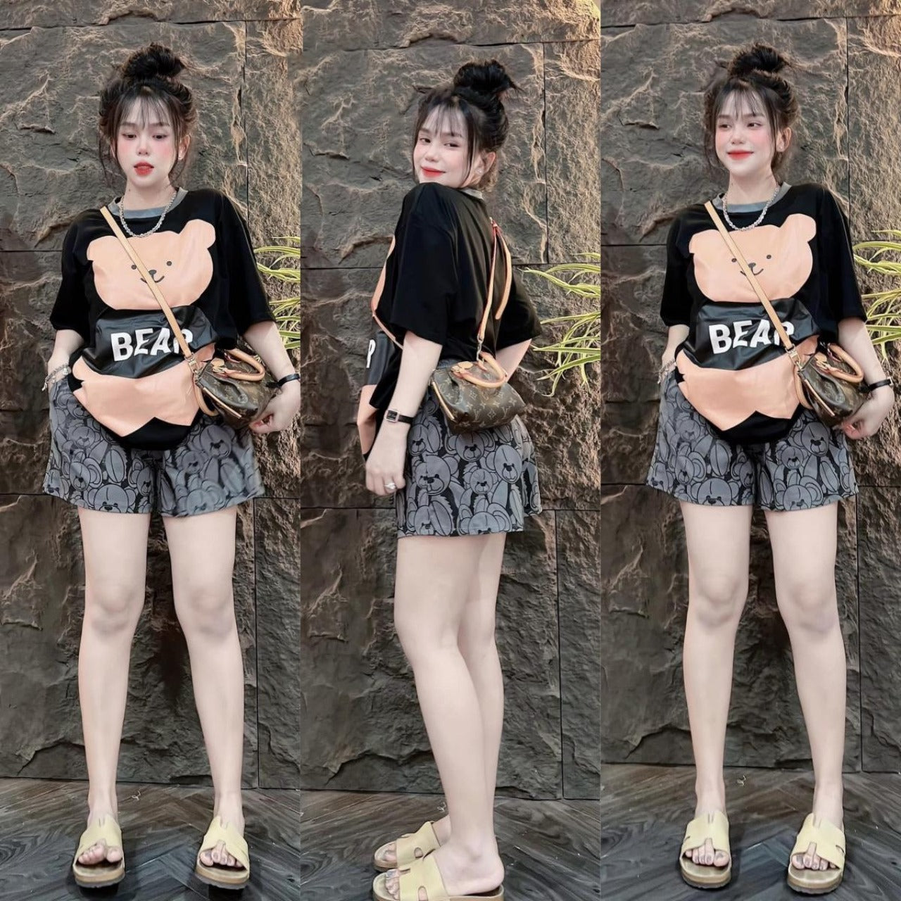 Bear Pattern Short Sleeve T-shirt & Shorts for Women