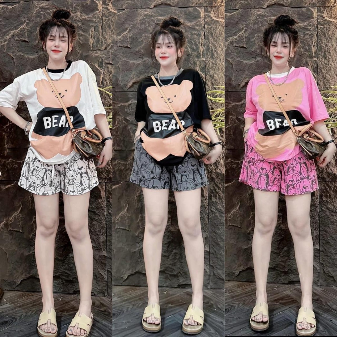 Bear Pattern Short Sleeve T-shirt & Shorts for Women