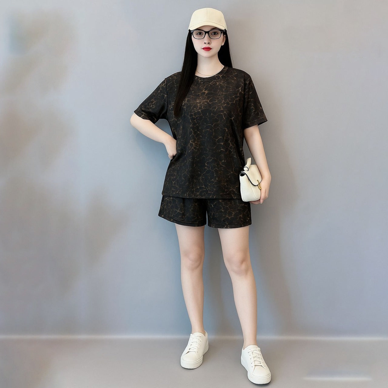 Animal Printed Fashion Short Sleeve Top & Shorts for Women