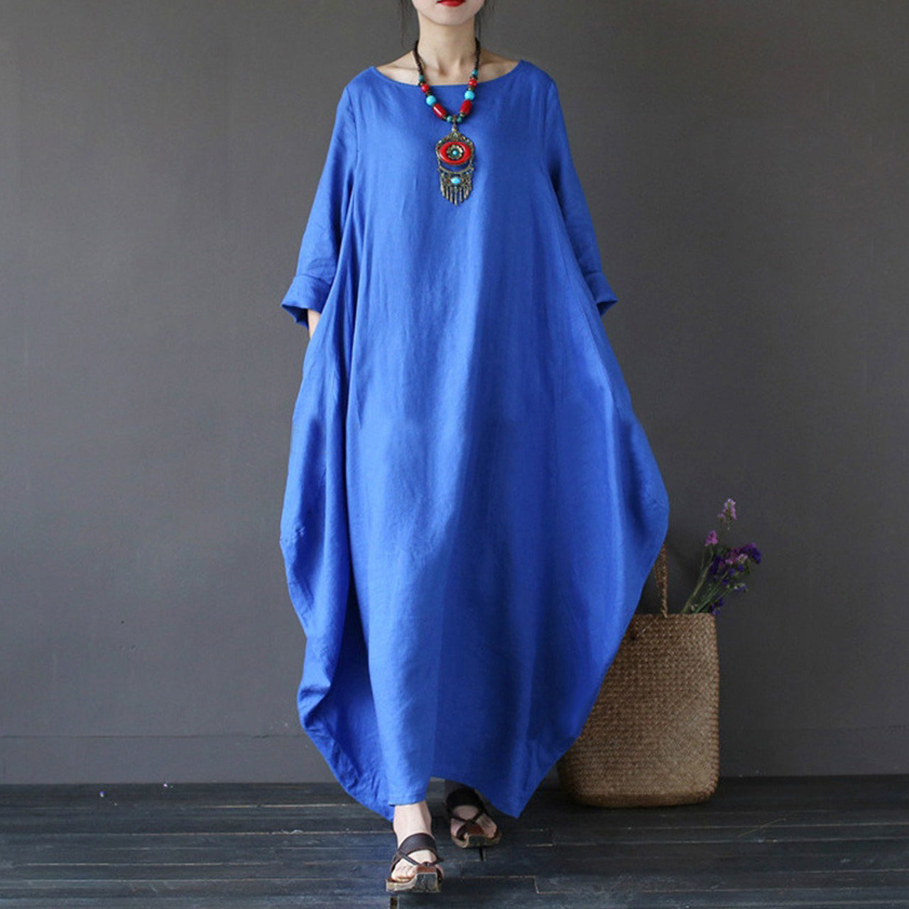 Solid Color Vintage Bat Sleeve Fashion Oversize Long Dress for Women