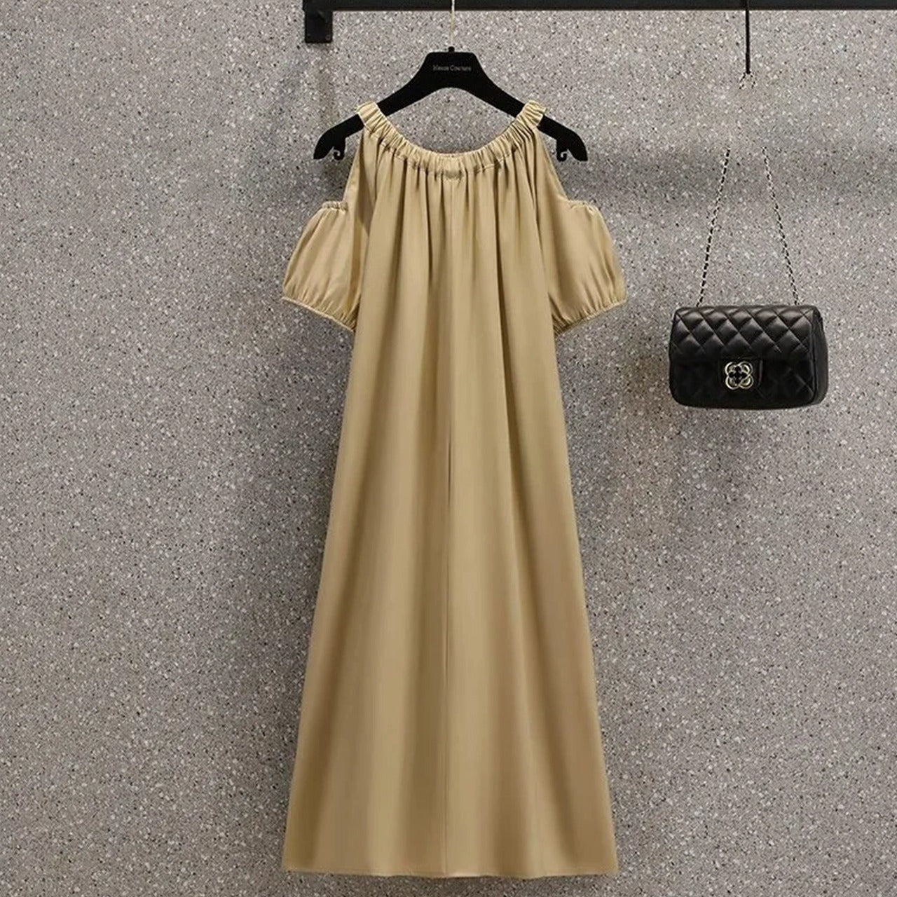 Cold Shoulder Solid Casual French Midi Skirt Dress for Women