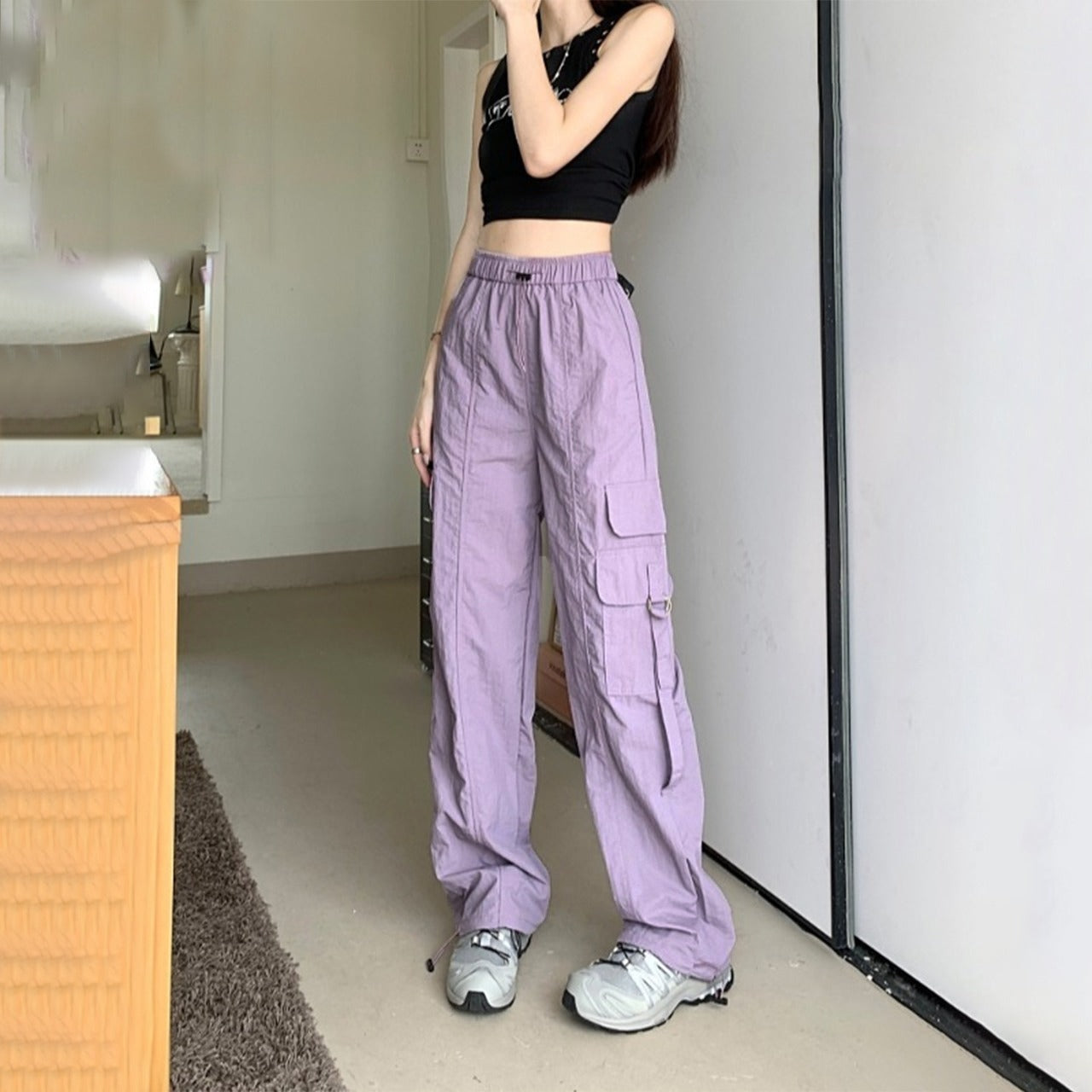 Drawstring Elastic Fashion Solid Color Cargo Pant for Women