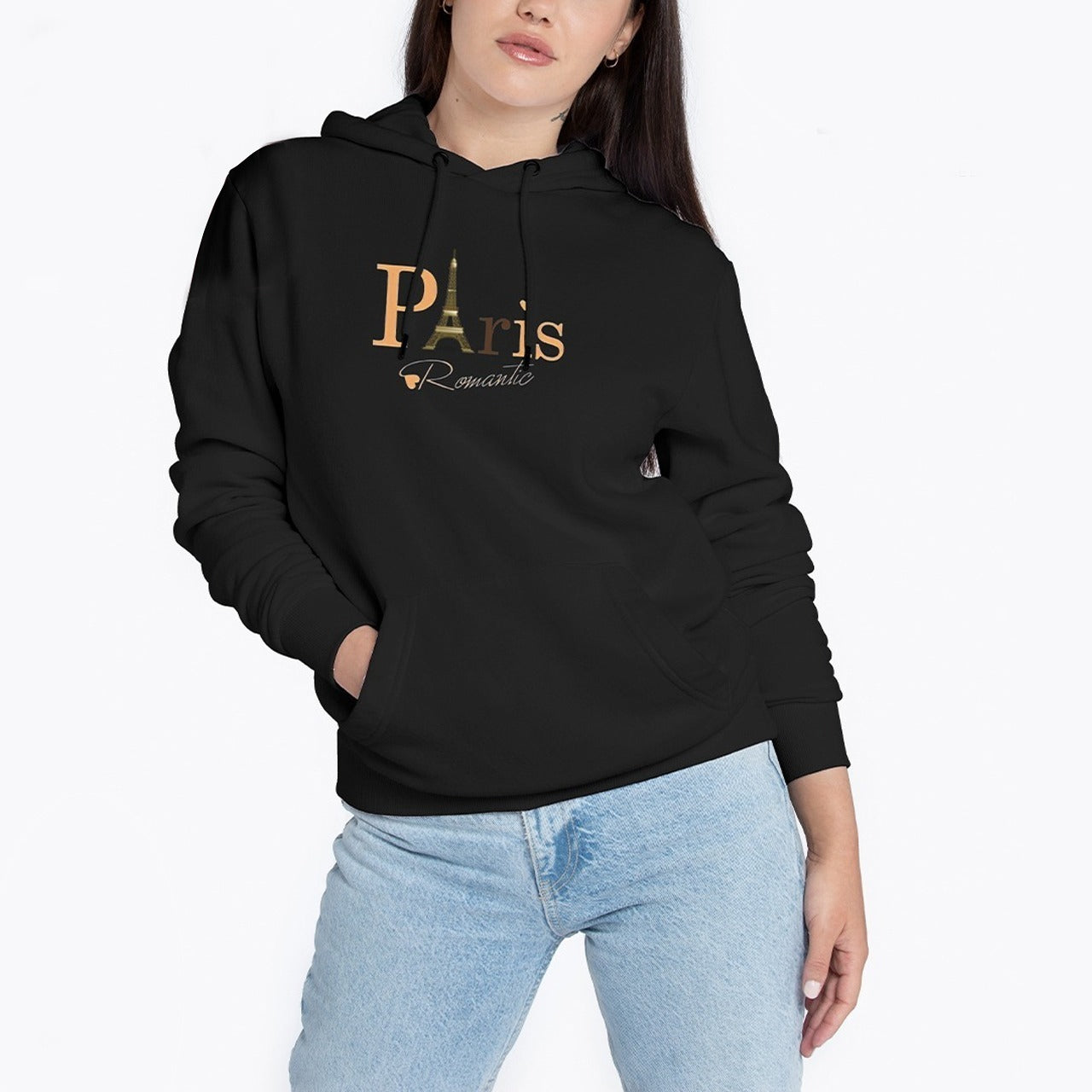 Paris Text Printed Solid Color Full Sleeve Hoodies for Women