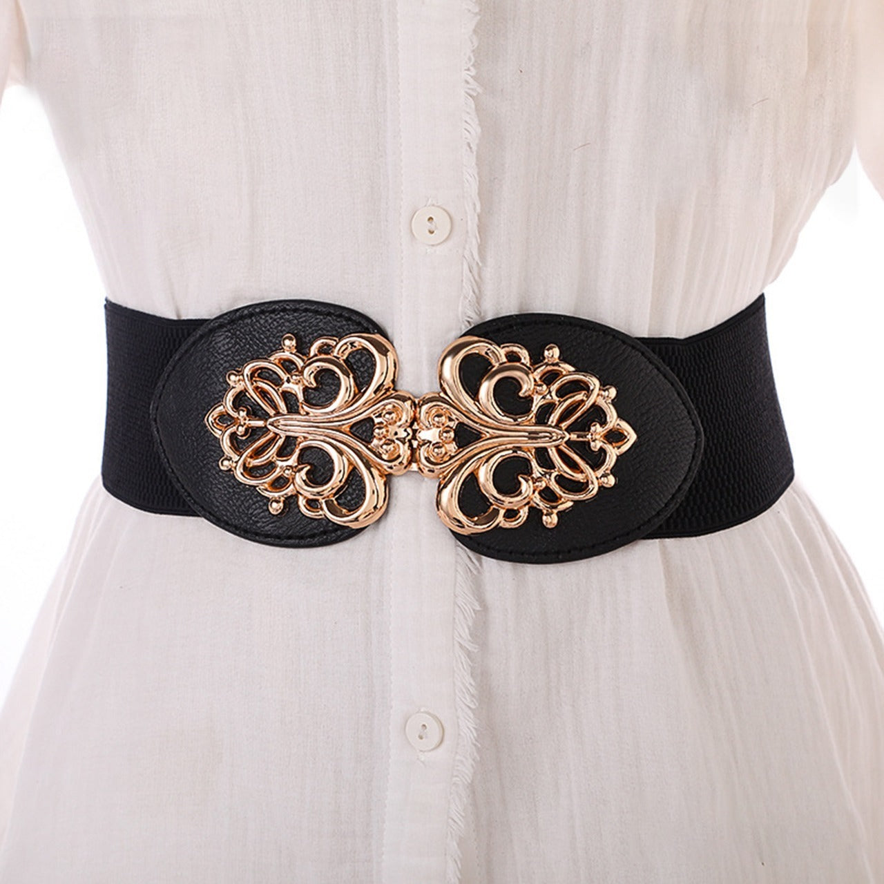 New Floral Metal Design Buckle Stretchy Waist Belt for Women