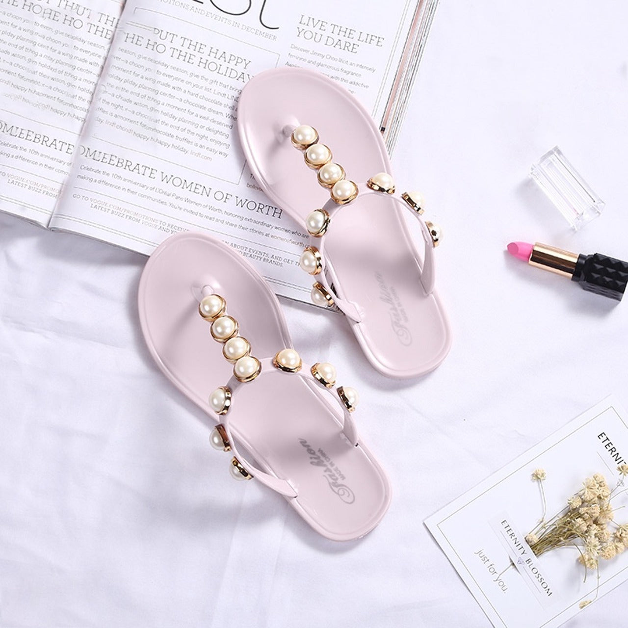 New Flat Rhinestone Pearl Ankle Strap Casual Sandals for Women