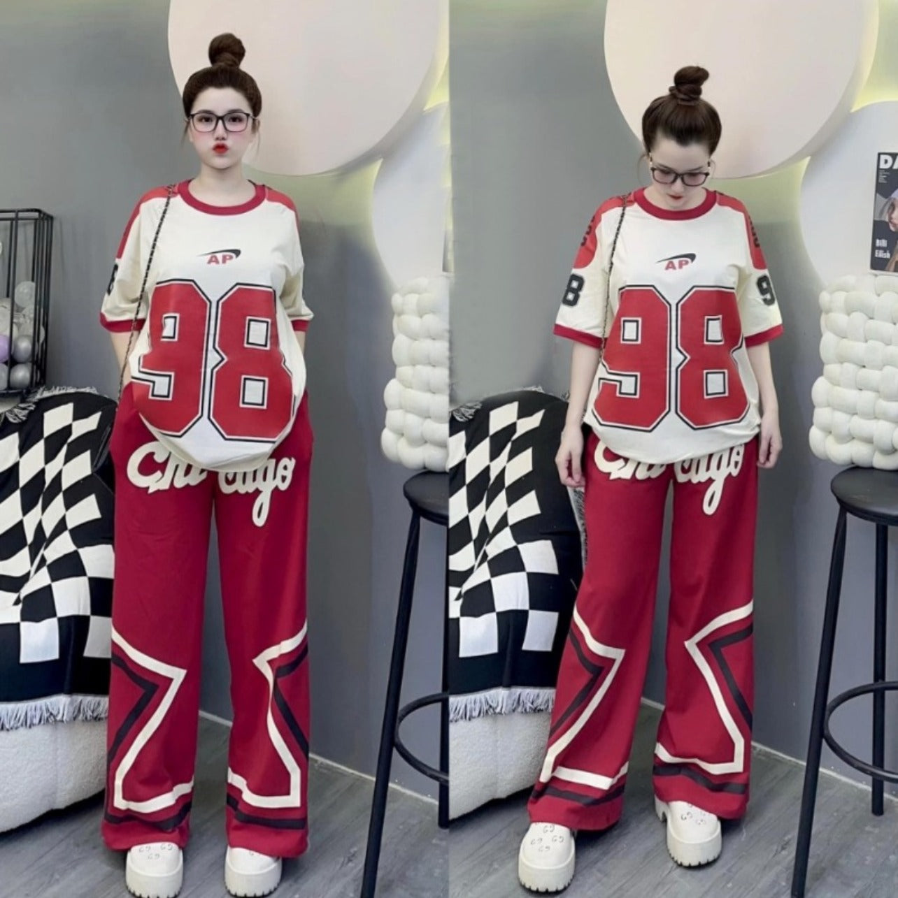 Number Printed Fashion Short Sleeve T-shirt & Pants for Women