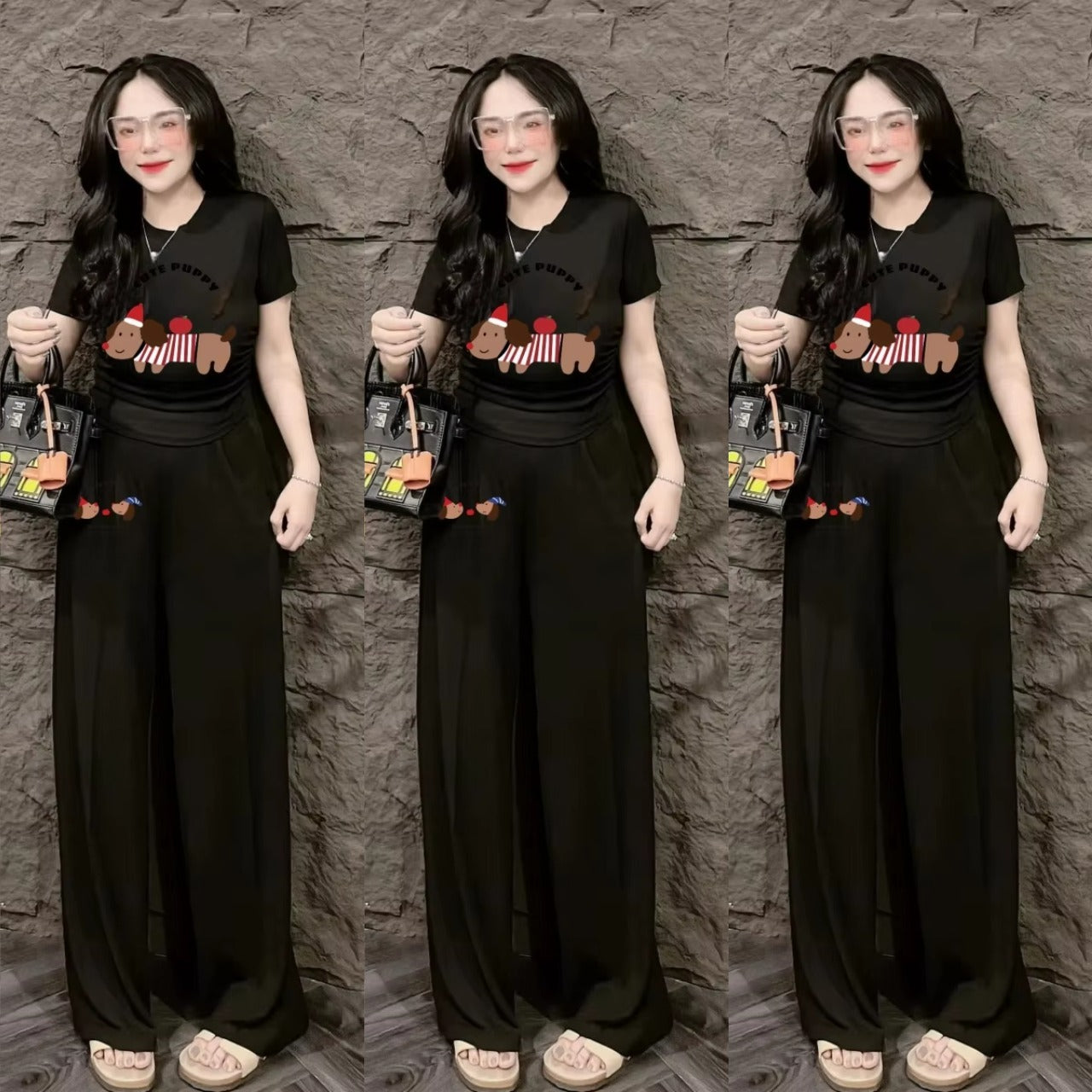 Graphic Printed Fashion Short Sleeve Top & Wide Leg Pant for Women