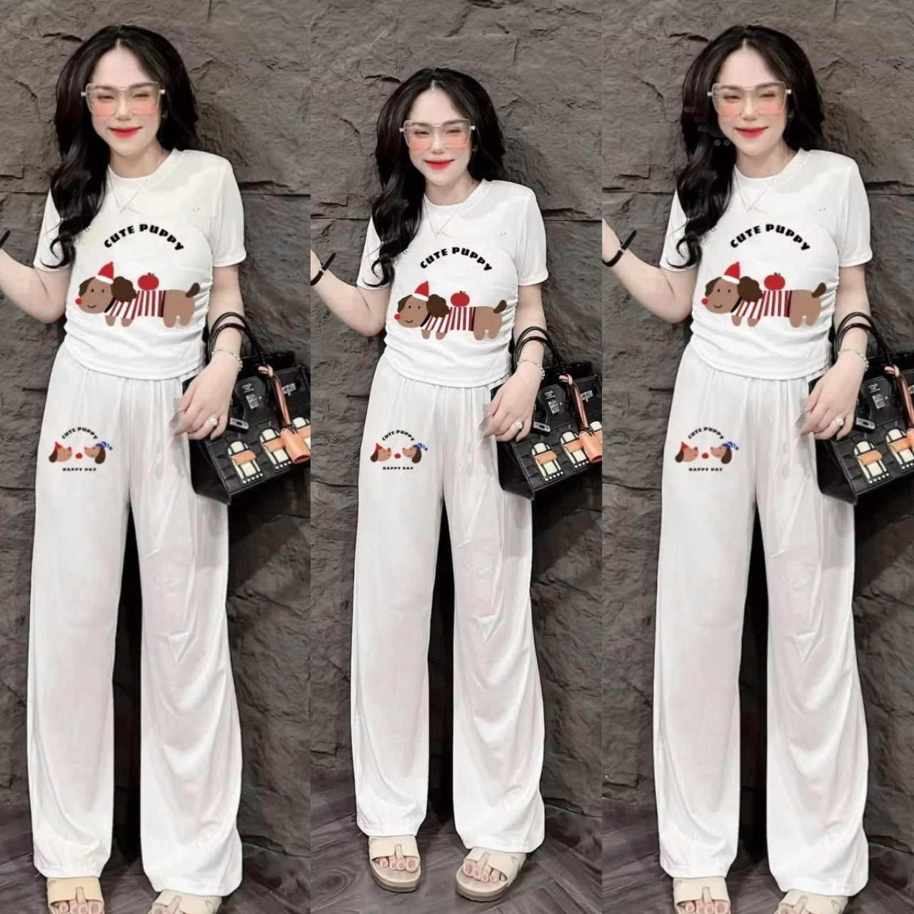 Graphic Printed Fashion Short Sleeve Top & Wide Leg Pant for Women