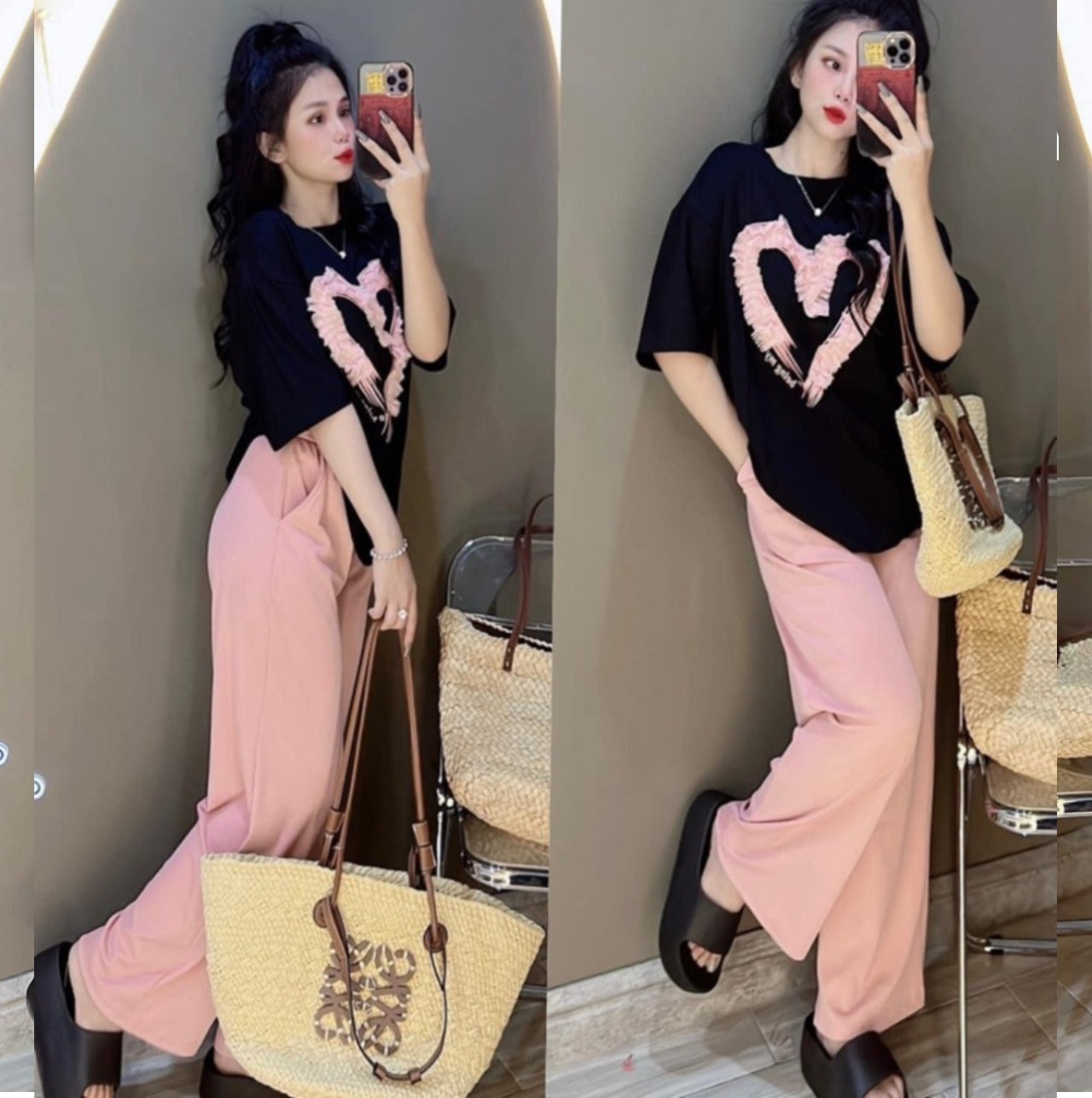 Heart Design Casual T-shirt & Wide Leg Pant for Women