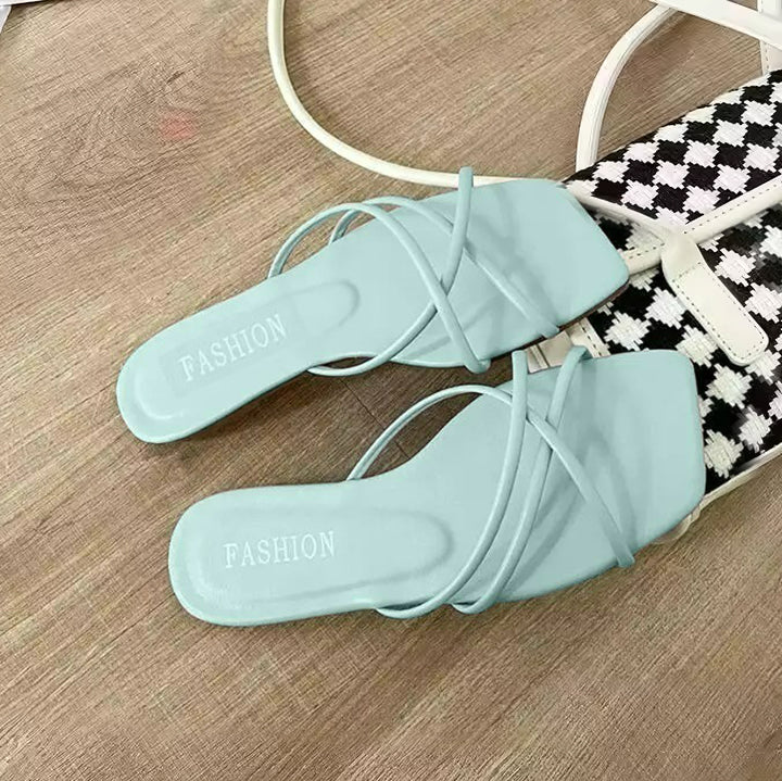 Trendy Simple Square Head Fashion Light Strap Flat Sandals for Women