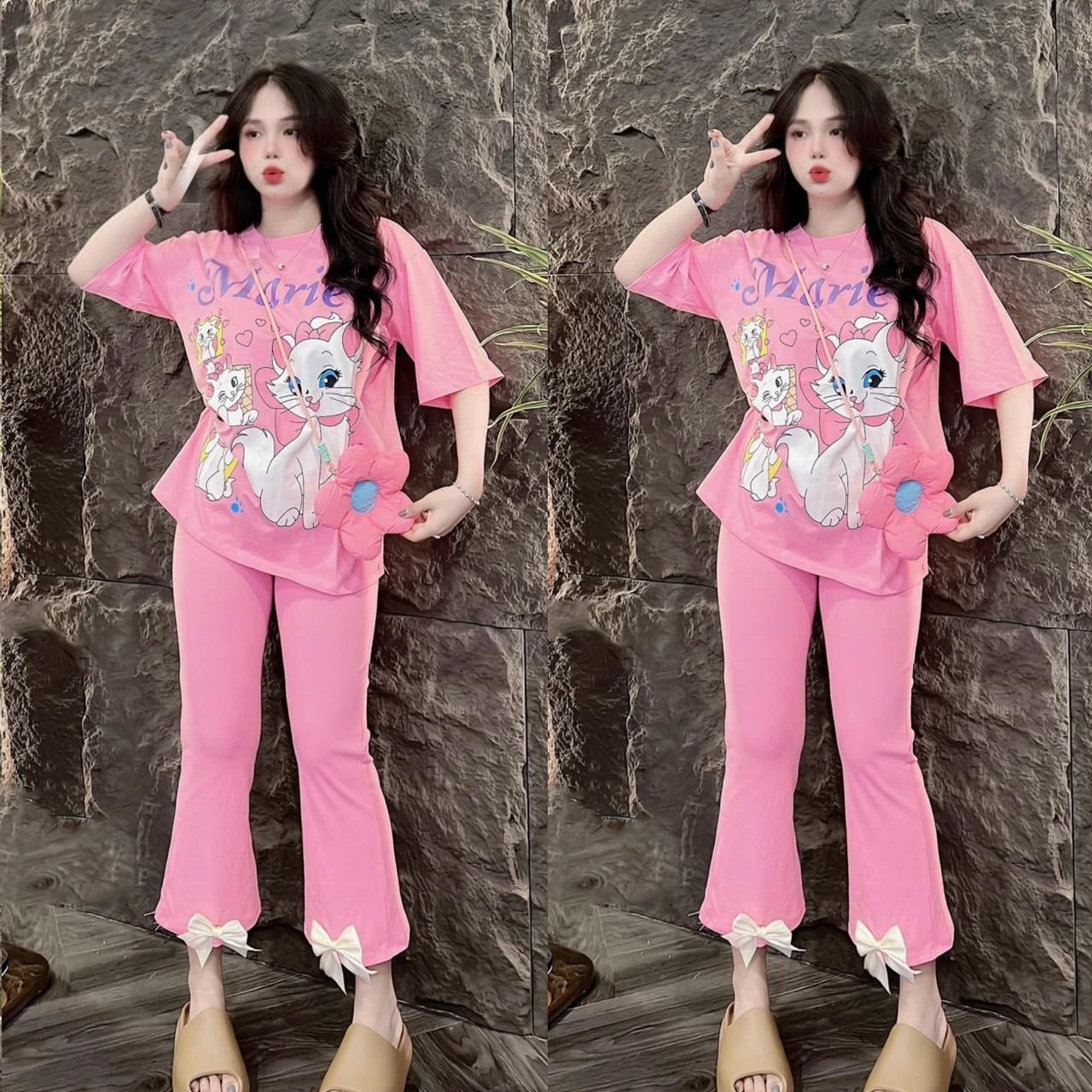 Cartoon Printed Fashion Short Sleeve T-shirt & Pant for Women